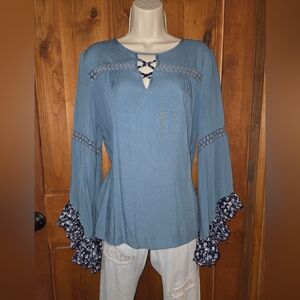 Love Blue Blouse with Lace Accents
